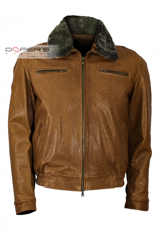 Front photo of the Fury Doper'S genuine leather jacket with shearling collar in tan colour