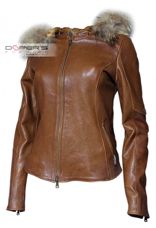 Front photo of the Clara Doper'S tan leather jacket with shearling hood