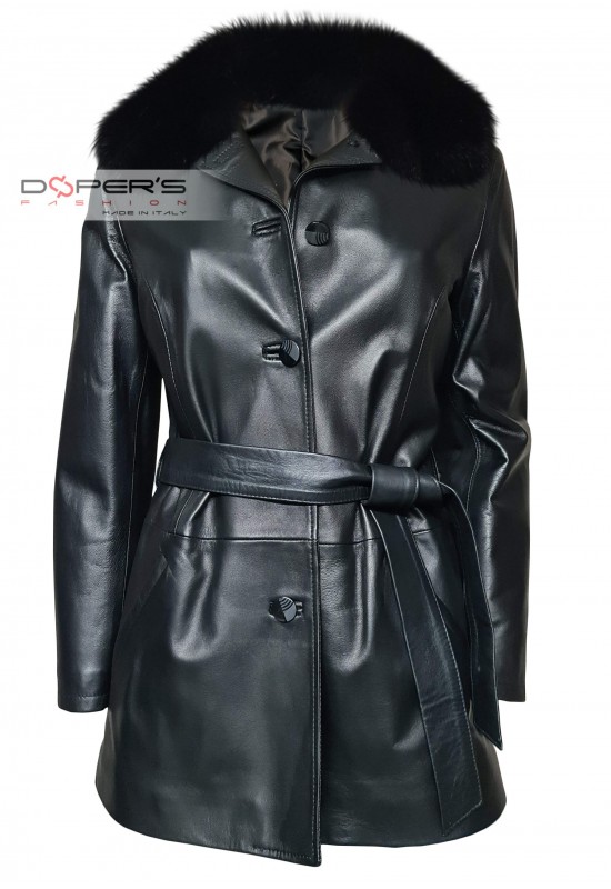 Front photo of the Kiev women's long leather jacket with belt and fur collar Doper'S