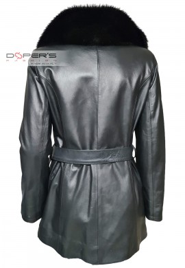Front photo of the Kiev women's long leather jacket with belt and fur collar Doper'S