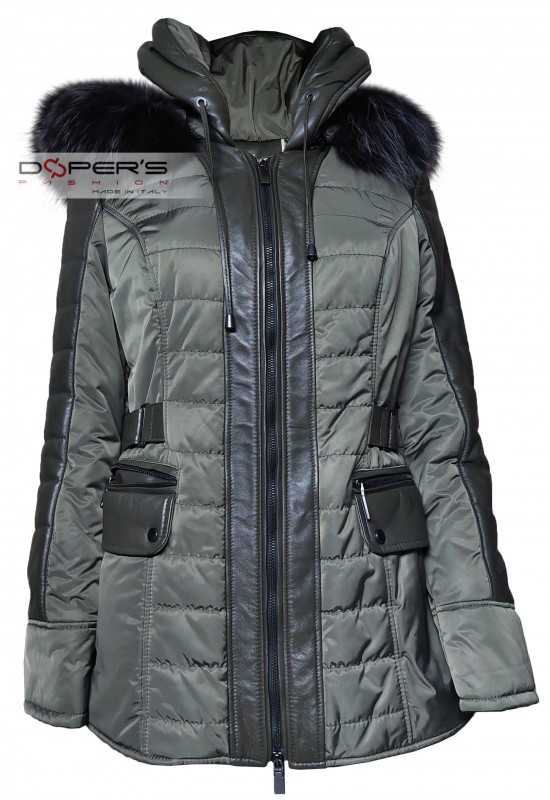 Front photo of the elegant Minoux Doper'S winter jacket in leather, fabric and fur