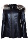 Front photo of Veronica Doper'S women's leather jacket with hood and fur trim in black