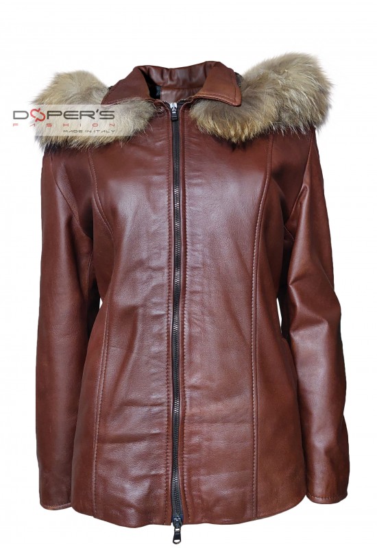 Front photo of the Veronica Doper'S women's leather jacket with hood and fur trim in brown