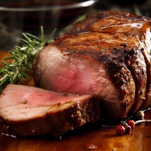 Arrosto succoso appena sfornato, con erbe aromatiche e contorni colorati.